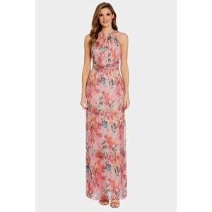 Adrianna Papell Gown Metallic Pleated Halter Floral Maxi Dress 4 Back Split NWT